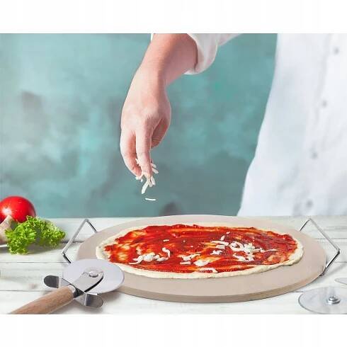 ŠAMOTOVÝ kámen na pečení pizzy forma ve stojanu + nůž na krájení za 343.00CZK - Allegro