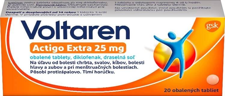 Voltaren Actigo Extra 25 mg tablety 1x20 tbl, rýchla uľava od bolesti s protizápalovým účinkom