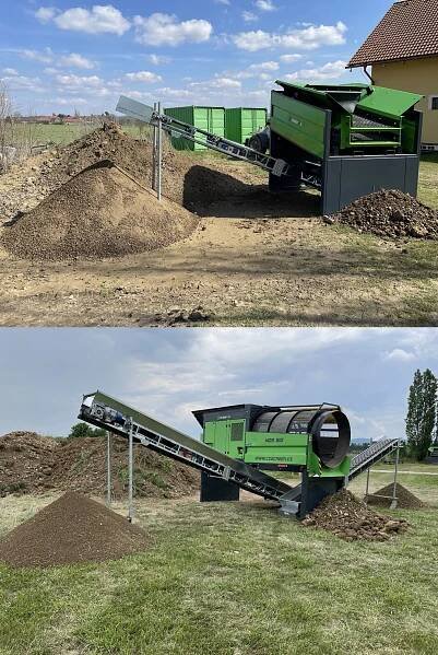 Vibrační třídič MS OMEGA a bubnový třídič MDS BIG s pásovými dopravníky.