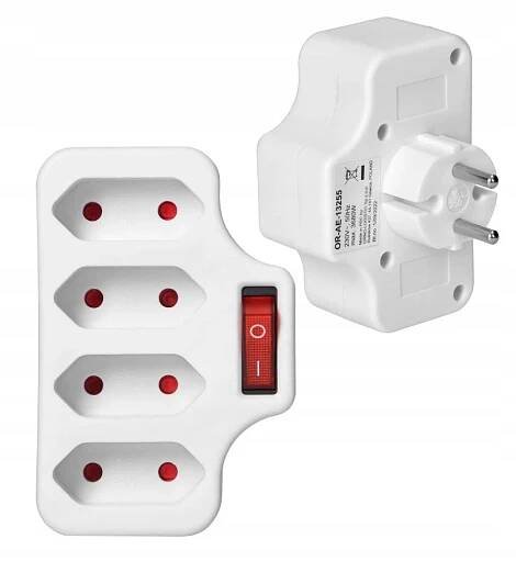 Rozbočka Elektrický Čtyřnásobný Rozdvojka 4x Plochá zásuvka s vypínačem