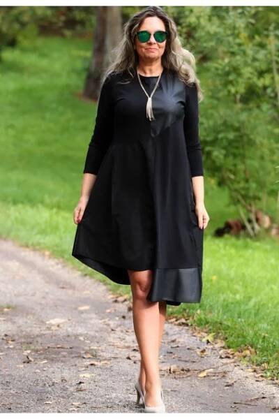 Dámské podzimní černé teplejší šaty, koženka, šusťák / MATICA CO / L-XXL (40/42/44)  prsa v klidu 105 cm po natažení do 115 cm  / MODA ITALY