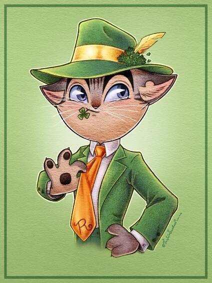 Fan art of Rocky Rickaby from Lackadaisy wearing green and holding a shamrock in his mouth