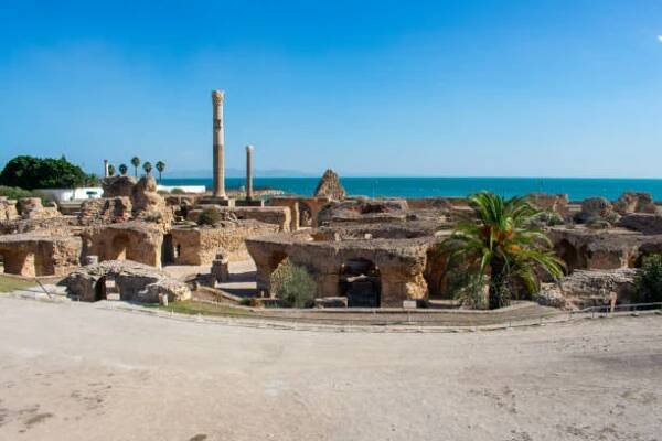 panoramatický výhled na starověké ruiny s termálními lázněmi, archeologické naleziště v kartágu. tunis, tunisko - kartágo - stock snímky, obrázky a fotky