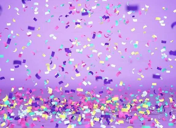 Colorful confetti falling on purple background, celebration background. 3D rendering