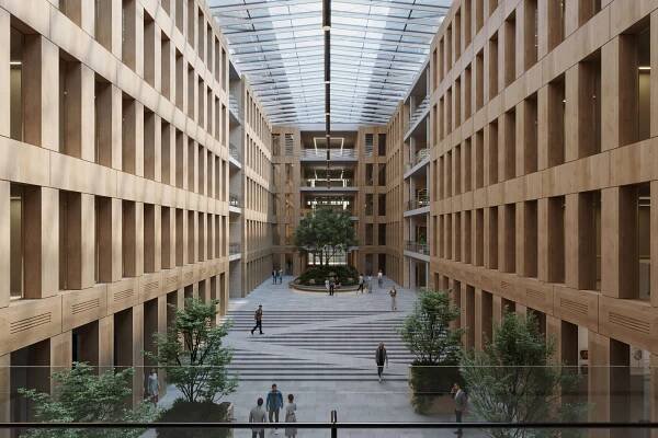 Biocentrum - vizualizace, atrium. Grafika: znamení čtyř - architekti