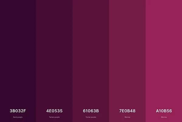 20. Deep Magenta Color Palette Color Palette with Dark Purple (Hex #3B032F) + Tyrian Purple (Hex #4E0535) + Tyrian Purple (Hex #61063B) + Murrey (Hex #7E0B48) + Murrey (Hex #A10B56) Color Palette with Hex Codes
