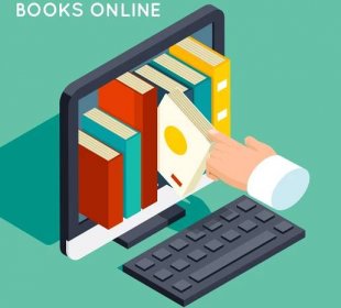 Free vector books online library isometric 3d flat concept. internet knowledge, web online, study technology, computer screen,
