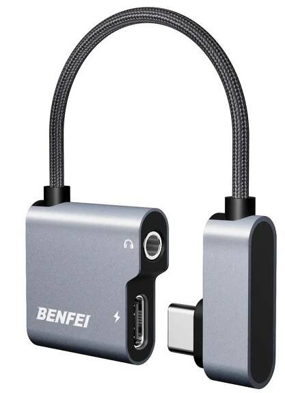 Zalomený USB-C adaptér na 3,5mm jack TRRS mikrofon nebo sluchátka a nabíjení zároveň