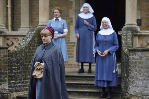 Natalie Quarry as Rosalind Clifford, Linda Bassett as Nurse Crane, Judy Parfitt as Sister Monica Joan, and Jenny Agutter as Sister Julienne in ‘Call the Midwife’ Season 14 Episode 3