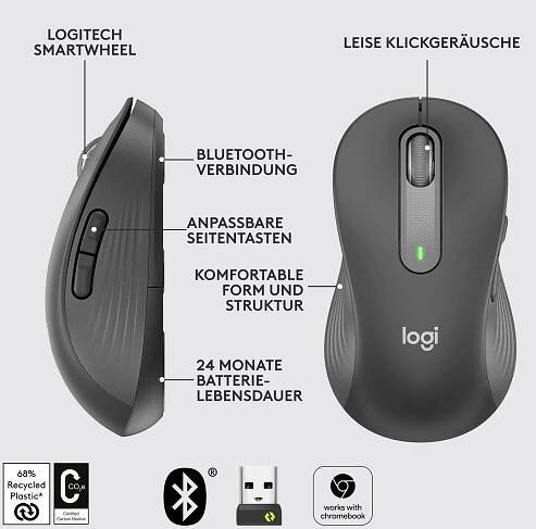 Logitech Signature M650 L left optická myš, přenos bezdrátový, Bluetooth®, 5 tlačítko, 4000 dpi, grafitová