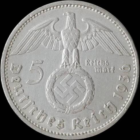 Německo - 5 Marka 1936 A Hindenburg hákový kříž - stříbrná mince