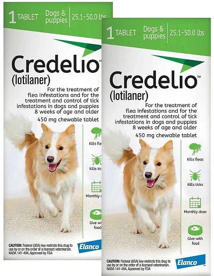 Show full view: Credelio Chewable Tablet for Dogs, 25.1-50 lbs, (Green Box), 2 Chewable Tablets (2-mos. supply) slide 1 of 4