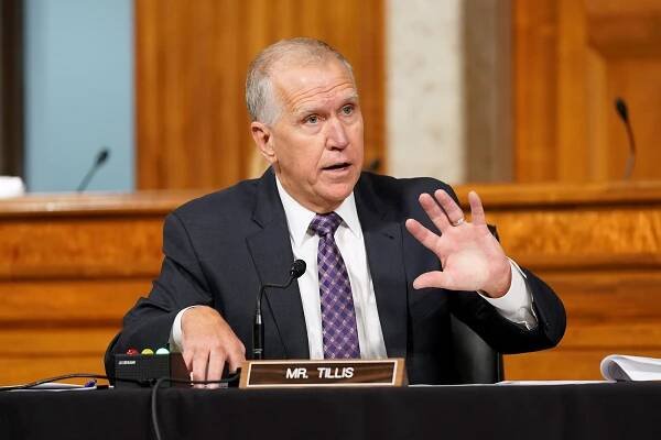Senator Thom Tillis (R-NC) speaks during a Senate Armed Services Committee hearing on the conclusion of military operations in Afghanistan and plans for future counterterrorism operations, on Capitol Hill in Washington, U.S., September 28, 2021.