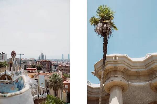 A composite image of the skyline visible from the second level of Park Guell and the top of the columns holding this section up