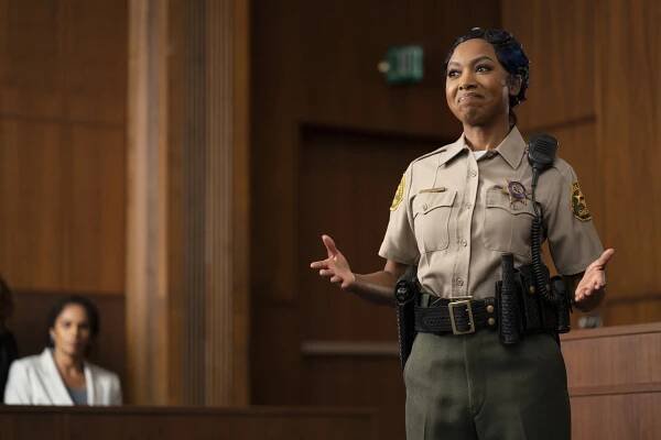 Gabrielle Dennis in a courtroom sketch in "A Black Lady Sketch Show"