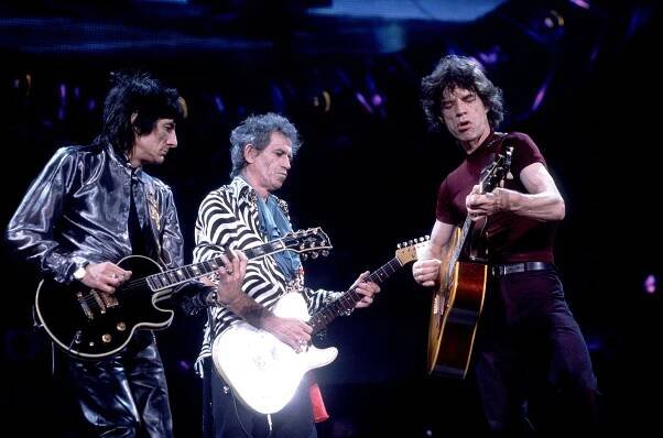 Ron Wood, Keith Richards and Mick Jagger of the Rolling Stones on the Bridges to Babylon Tour in 1997 in Chicago, Il.