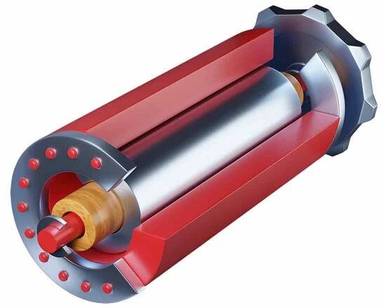 Abstract red metal and wooden round shaped detail 3d rendered illustration. Component of single mechanism concept