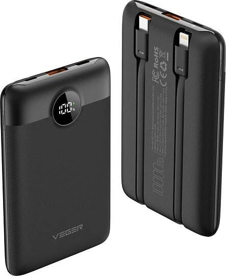 Powerbanka 10000mAh PD QC3.0 22.5W s USB-C a Apple Lightning kabelem černá - VEGER C11