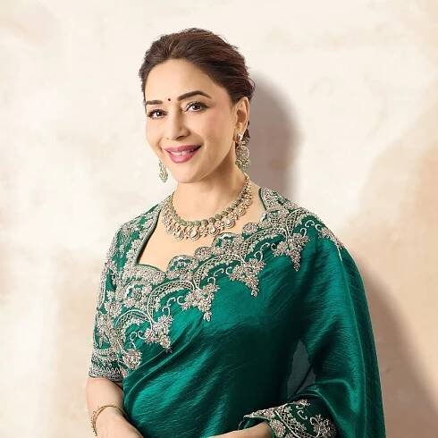 Madhuri Dixit Nene’s sari by Jayanti Reddy featured zardozi embroidery with floral and jaali motifs
