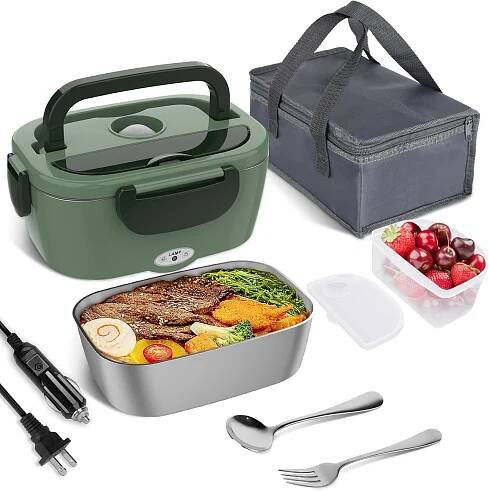 portable electric thermal lunch box with fast heating 60 87oz large capacity leak proof removable container cutlery included insulated bag safety lock lid 110v plug in heater for car office camping work no microwave required durable plastic construction   heating technology ideal for on the go meals modern bento with   hand washable square design 110v 130v compatible   insulated lunch bag heated lunch box dark green 8