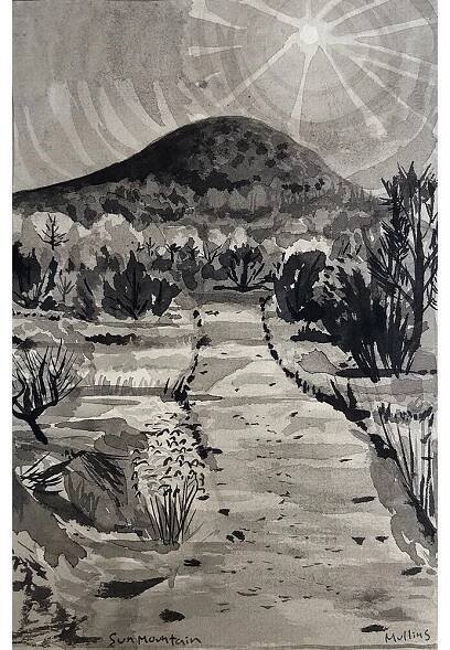 12/100:  Sun Mountain, Sumi Ink on Cream BFK

Sun Mountain and it's companion, Moon Mountain flank Santa Fe to the east.  I like going here to feel the sunshine and warmed up rocks on a cold day.  It's a great place to watch the sun set and usually t