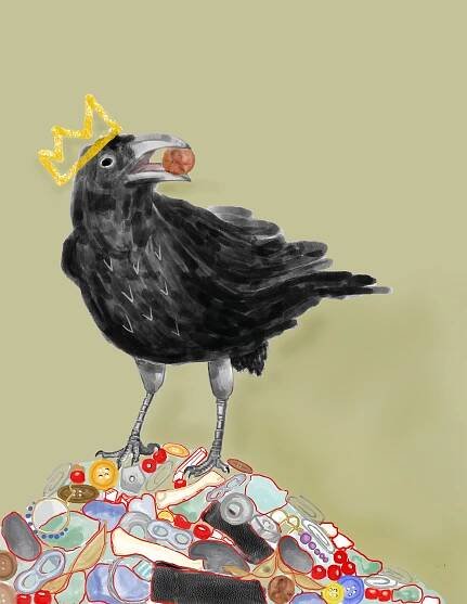 crow with a hand drawn crown standing on a pile of treasures