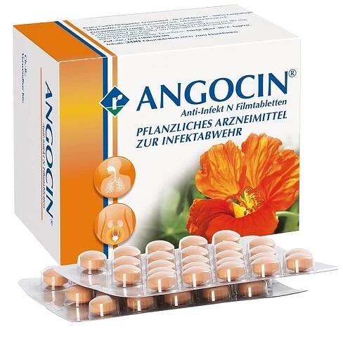 ANGOCIN® Anti-Infekt N-Verpackung mit Tabletten. Weiße Schachtel mit Tablettenblistern. Produktname und Logo deutlich sichtbar.