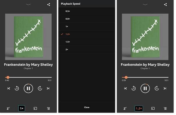 Three screenshots of the mobile/tablet playback screen. The first highlights the playback speed button, the second shows the playback speed menu and the third shows the playback screen when a new playback speed is chosen. This is highlighted at the bottom