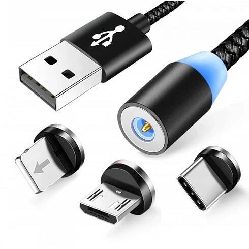 unikátní magnetický LED nabíjecí a datový USB kabel 3v1 - LIGHTNING, MICRO-USB a USB-C.