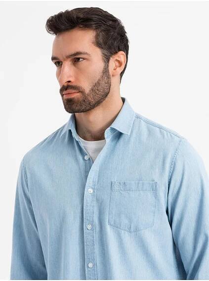 Ombre Clothing Pánská džínová košile s vyšívanou kapsou - světle modrá Ombre Clothing