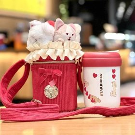 Nový 2024 Čína Starbucks Valentýn 12oz Krásná kočka SS slaměný pohár s taškou na hrnky