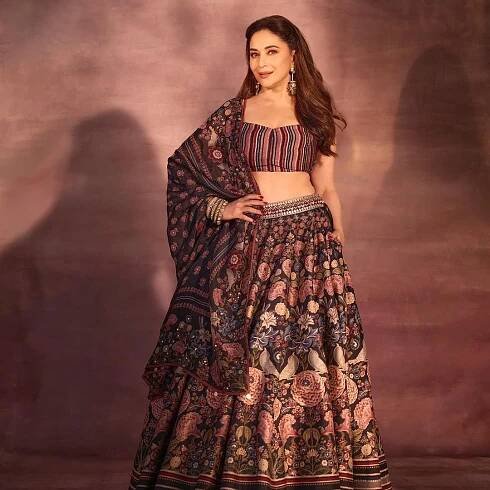 Madhuri Dixit Nene embraced dark florals for summer in an Anita Dongre lehenga
