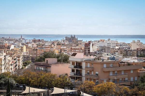 Cityscape view of Palma de Mallorca, Spain, with buildings, trees, and the sea under a blue sky.