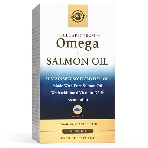 Solgar, Omega lososový olej s celým spektrom, 120 kapsúl, rybí olej z aljašského lososa, Omega 3-5-6-7-9