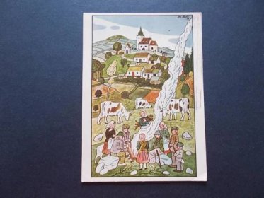 Umělecká pohlednice Josef Lada malíř Odeon podzim kráva děti pálení  - Sběratelství