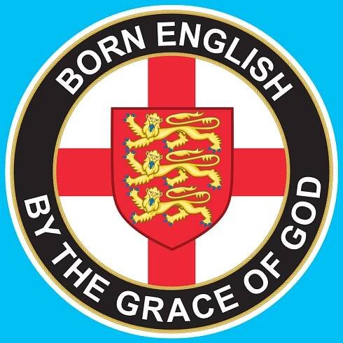 BORN ENGLISH STICKER. Born English By The Grace Of God in white uppercase lettering surrounds a black circular sticker with a yellow border. In the centre is a circular England flag. A red cross on a white field with a red shield of three golden lions.