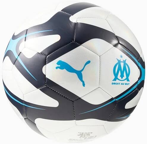 White PUMA football with black and light blue accents and brand logos.
