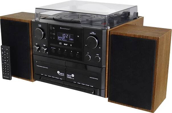 soundmaster MCD5600BR stereo systém gramofón, DAB+, FM, Bluetooth, CD, kazeta, USB, 2 x 5 W hnědá (vzhled ušlechtilého d