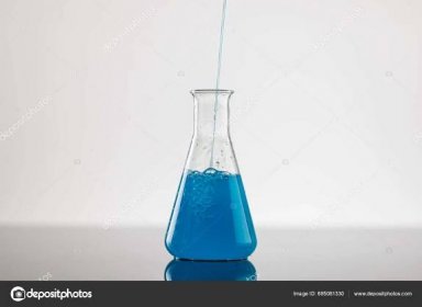 Close Laboratory Beaker Blue Liquid Copy Space White Background Laboratory