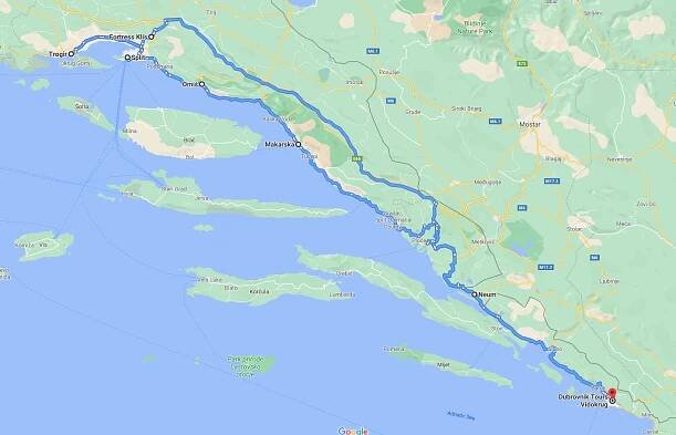 Dubrovnik to Split Tour Route Map