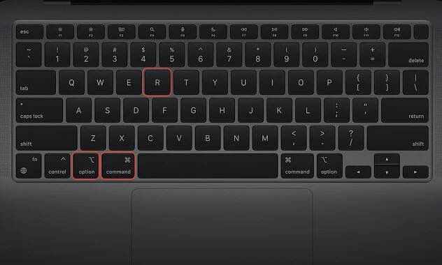 The Option + Command + R keys are outlined in red on a MacBook keyboard. Use the combination to return Mac to factory settings.
