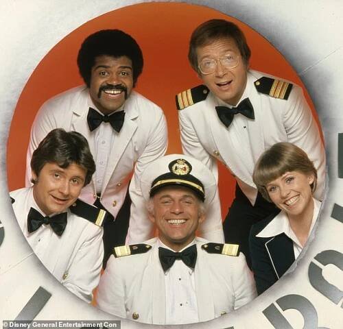The cast of The Love Boat will be reuniting on a week-long celebration cruise with many of the stars joining in the occasion for the first time; pictured in January 1987, from left to right: Fred Grandy, Ted Lange, Gavid MacLeod, Bernie Kopell, Lauren Tewes