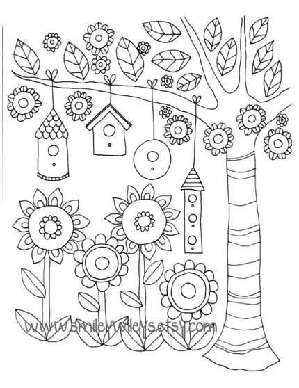 a coloring page with flowers and birdhouses