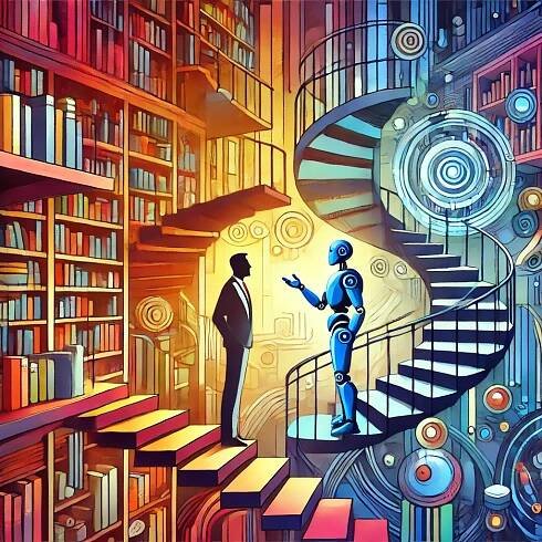 DALL·E 2024-06-17 17.14.33 - A person and a robot engaged in a deep conversation in a magical multi-story library. Use striking