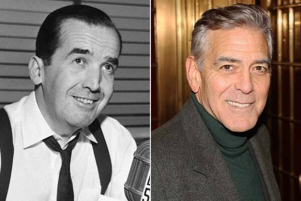 Commentator and CBS Board Member Edward R. Murrow on March 12, 1954 in New York City ; George Clooney attends a press event for "Good Night, And Good Luck" on February 6, 2025 in New York City.