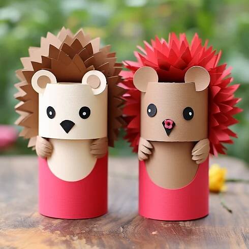 two little hedgehogs made out of toilet paper are sitting on a wooden table