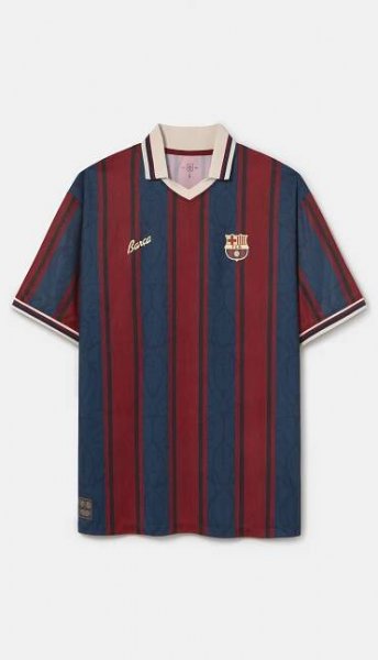 Retro-style FC Barcelona jersey with vertical red and navy stripes, gold "Barça" text on the chest, club crest on the left side, and a beige collar with navy and red trim