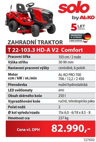 Zahradní traktor Comfort T22-103,3 HD-A V2 - Pavel Procházka, Briggs & Stratton partner