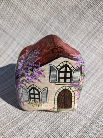 Béžový Ručně malovaný kamínek - středomořský domeček