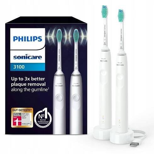 PHILIPS Sonicare 3100 Sonický Kartáček s časovačem, 2 ks, bílá barva